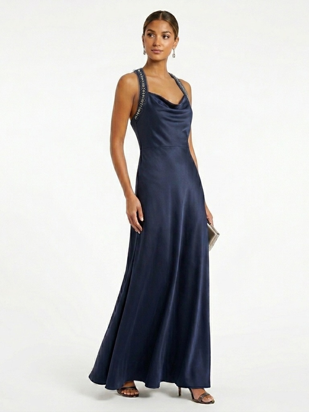 BCBGMAXAZRIA Navy Blue Cowl Neck Maxi Dress Beaded Straps 4